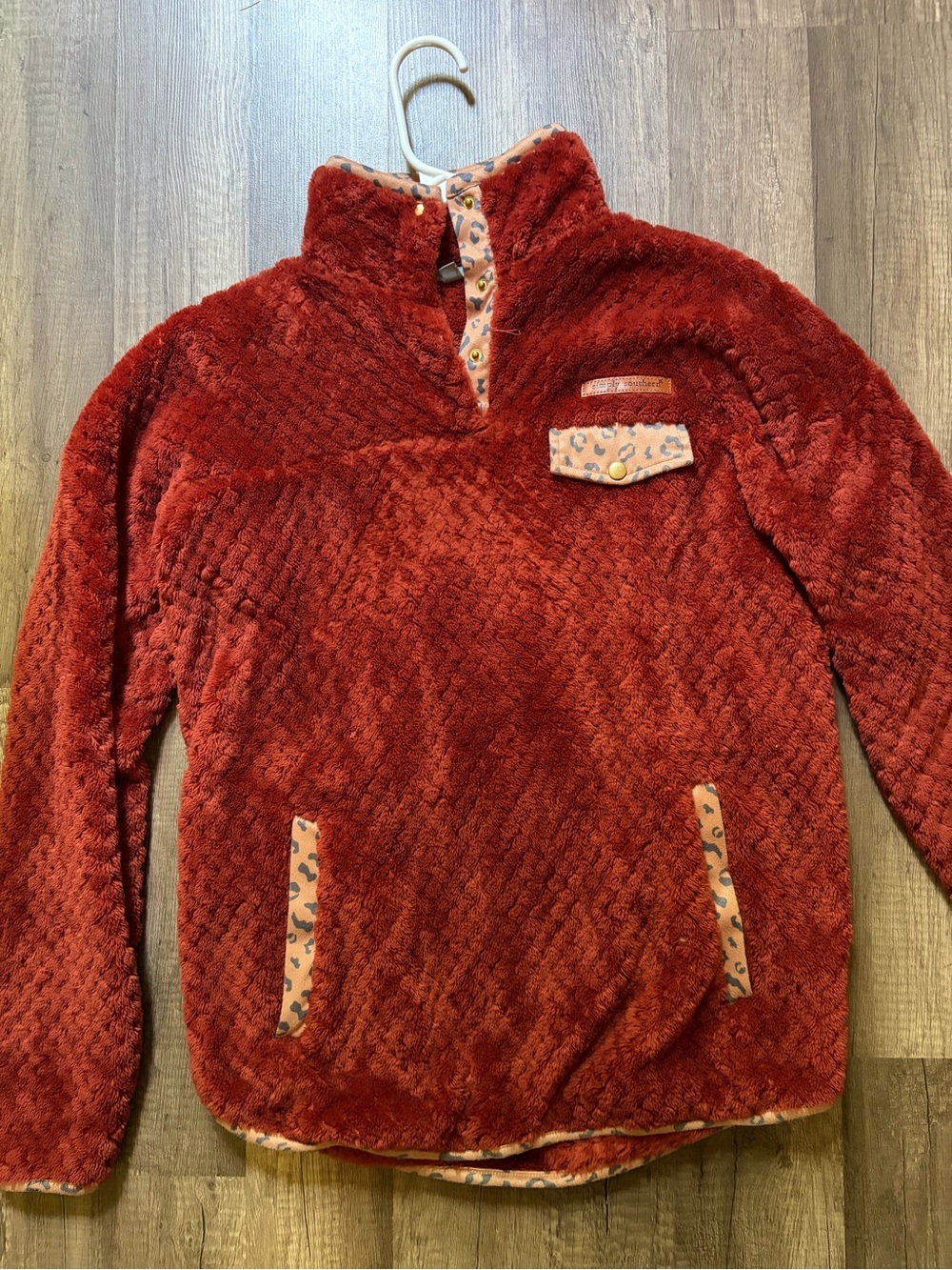 Simply Southern Rust Red Plush Hoodie with Leopard Trim